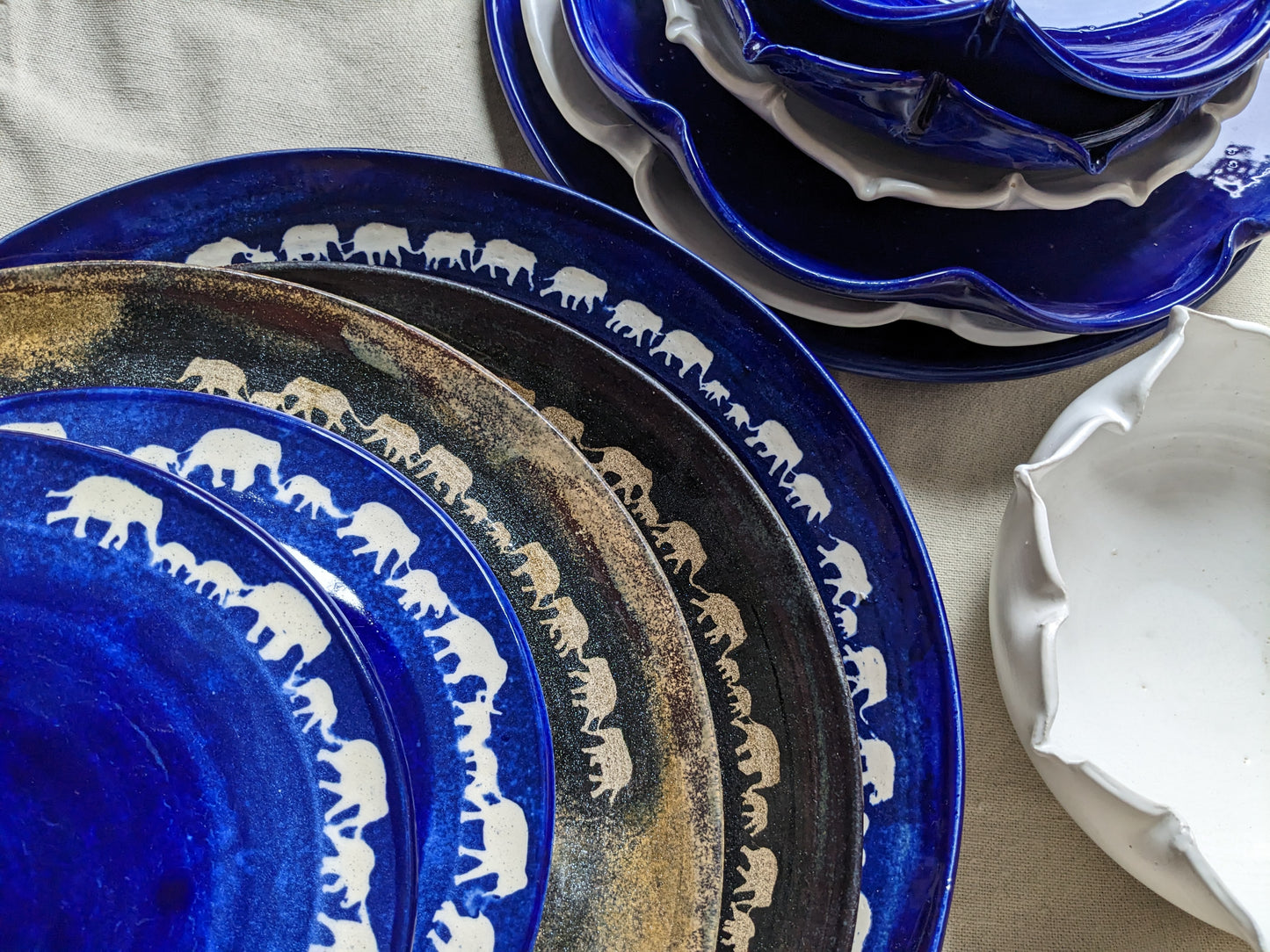 Elephant Parade Cobalt, Black, and Gold Stoneware Dinnerware