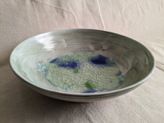 Sage Green and Cobalt 11" Diameter Watercolor Crackled Glass Statement Bowl (in-person pickup only)