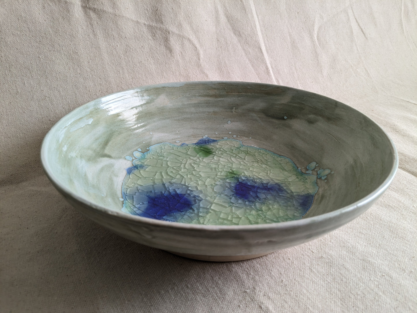 Sage Green and Cobalt 11" Diameter Watercolor Crackled Glass Statement Bowl (in-person pickup only)