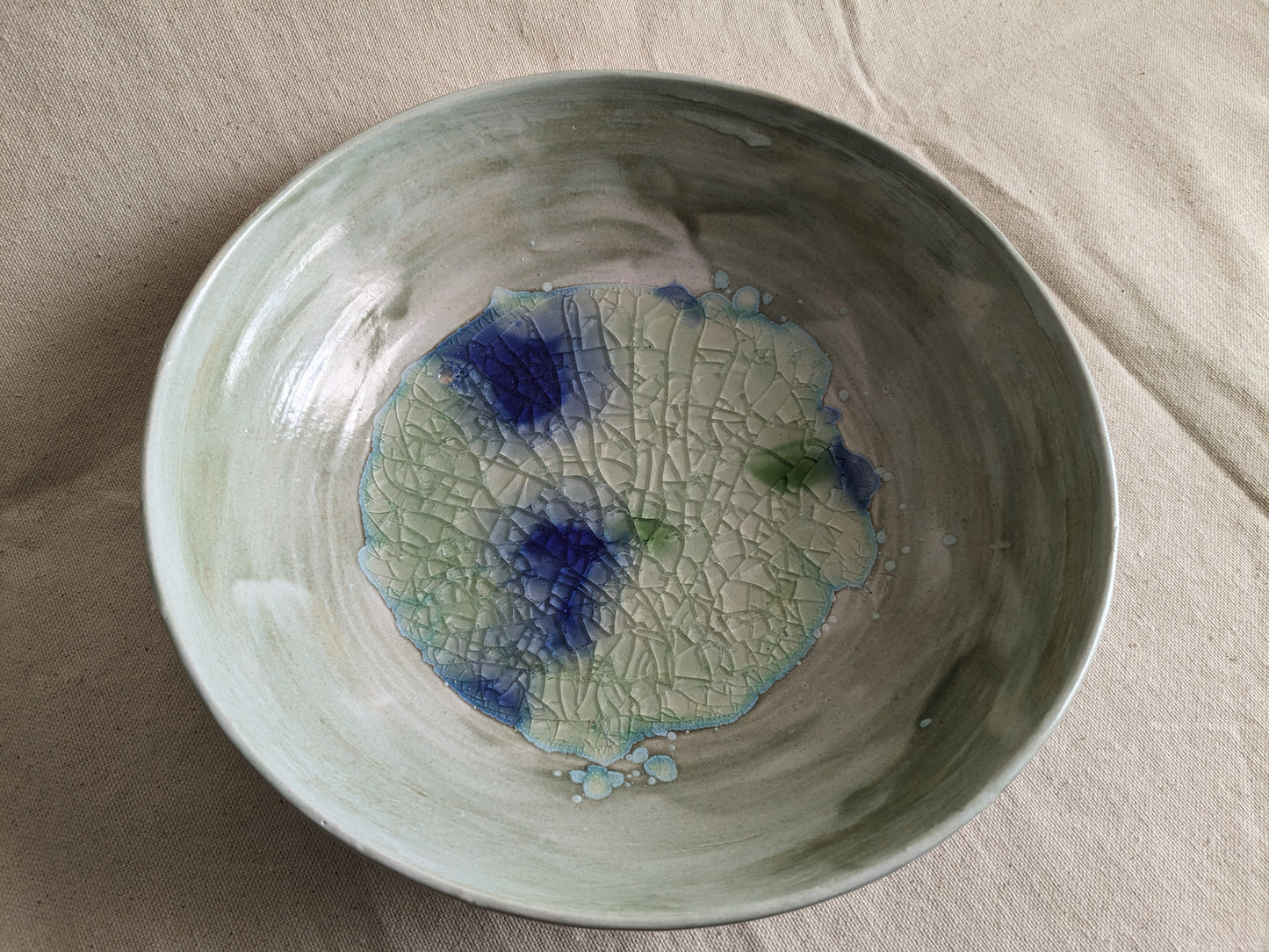 Sage Green and Cobalt 11" Diameter Watercolor Crackled Glass Statement Bowl (in-person pickup only)