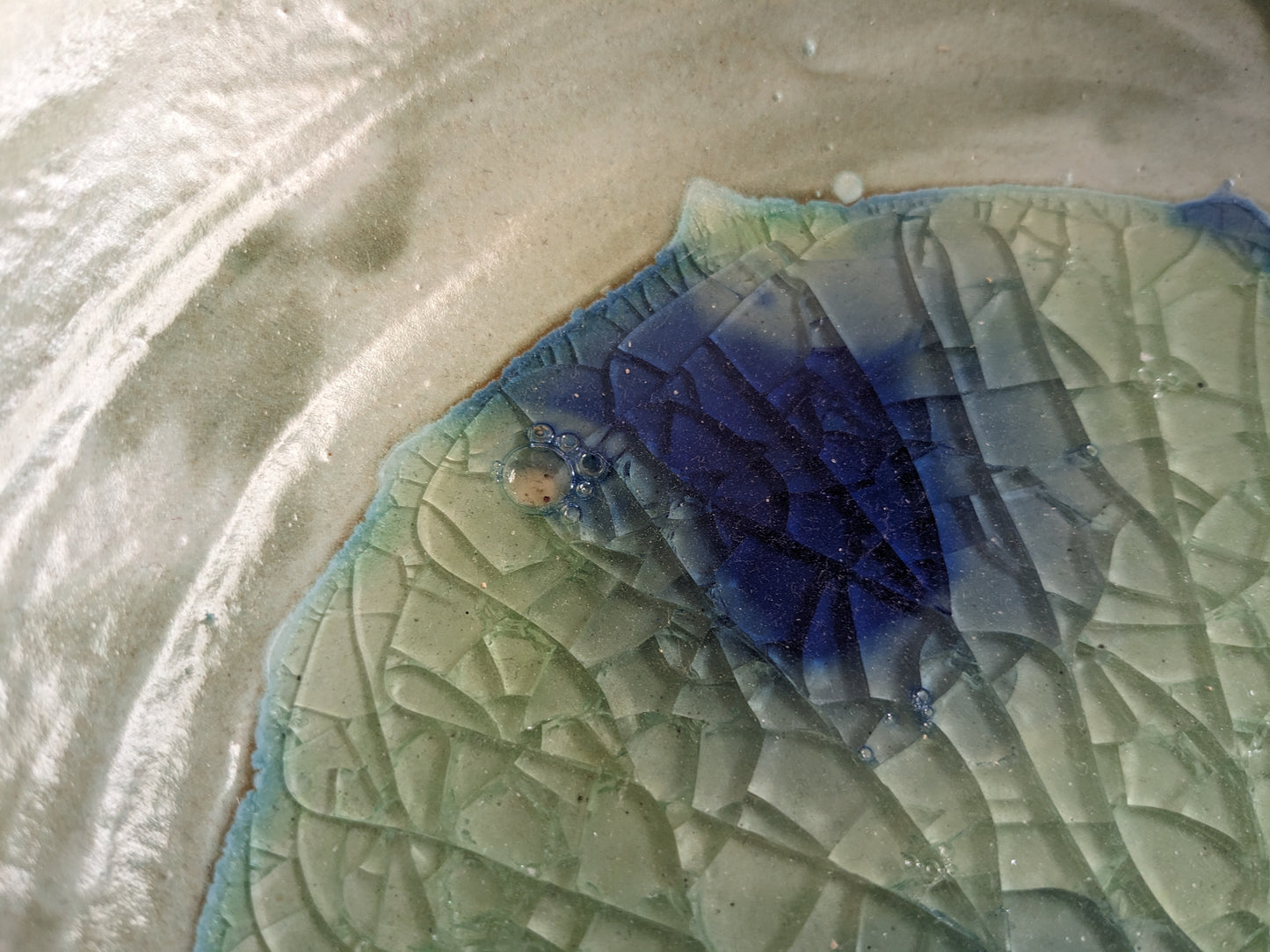 Sage Green and Cobalt 11" Diameter Watercolor Crackled Glass Statement Bowl (in-person pickup only)