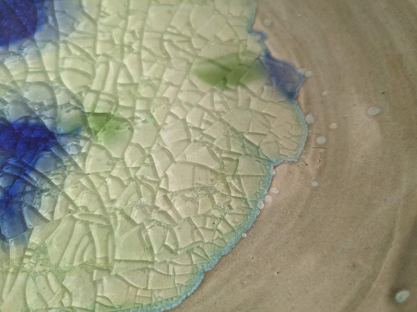 Sage Green and Cobalt 11" Diameter Watercolor Crackled Glass Statement Bowl (in-person pickup only)