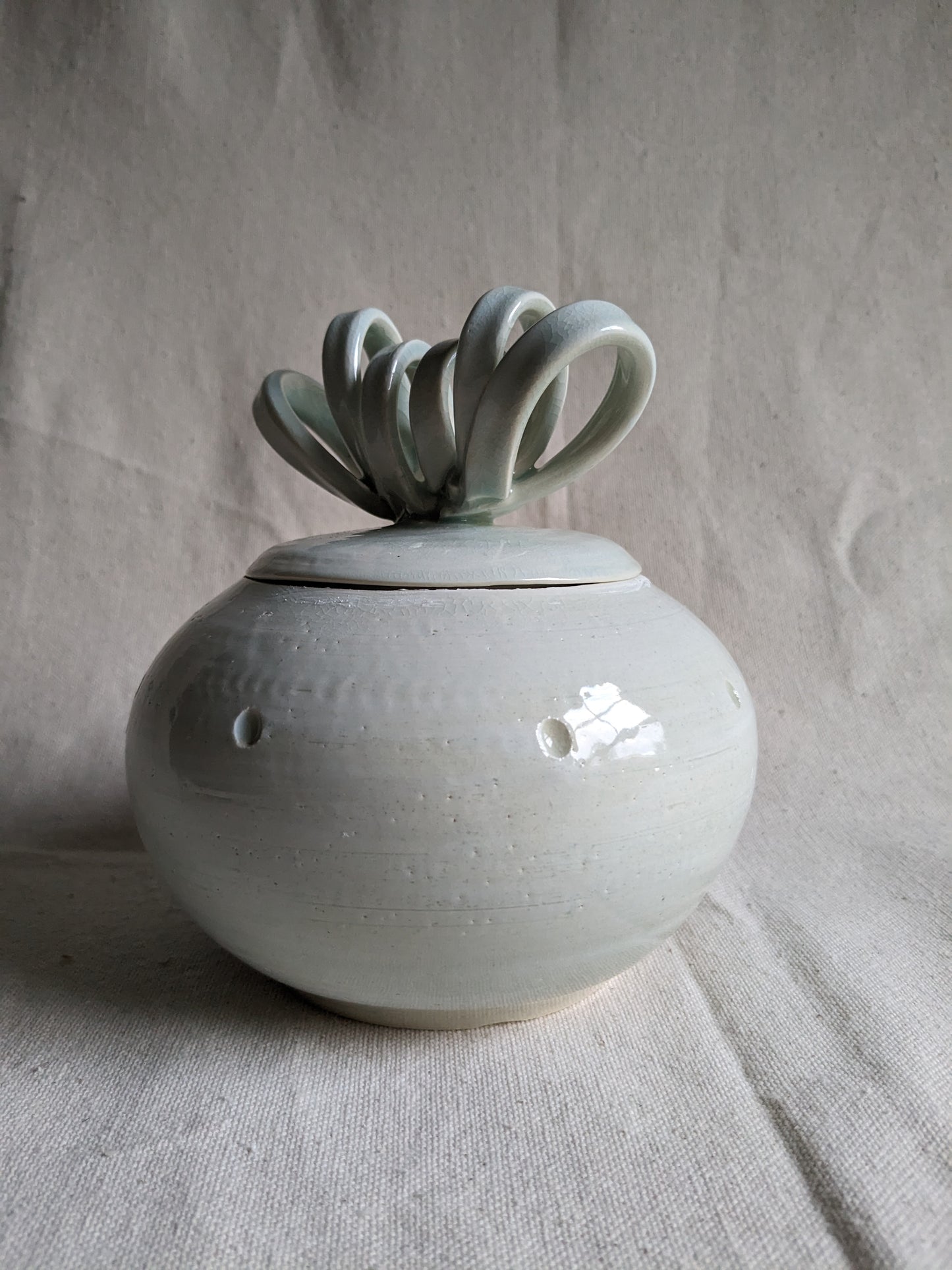 Aqua Celadon 6" Sculptural Ribbon-Lidded Jar (in-person pickup only)