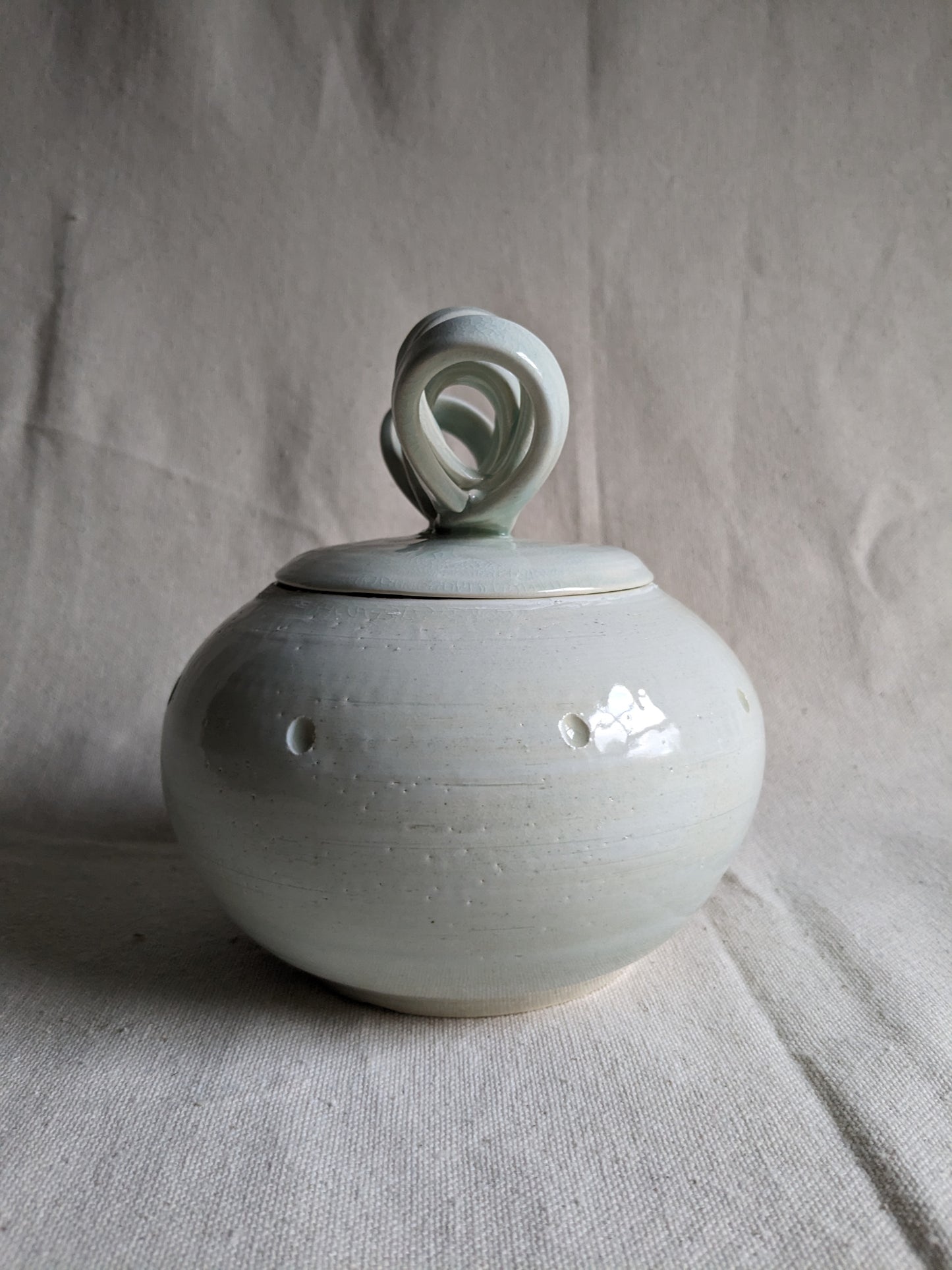 Aqua Celadon 6" Sculptural Ribbon-Lidded Jar (in-person pickup only)