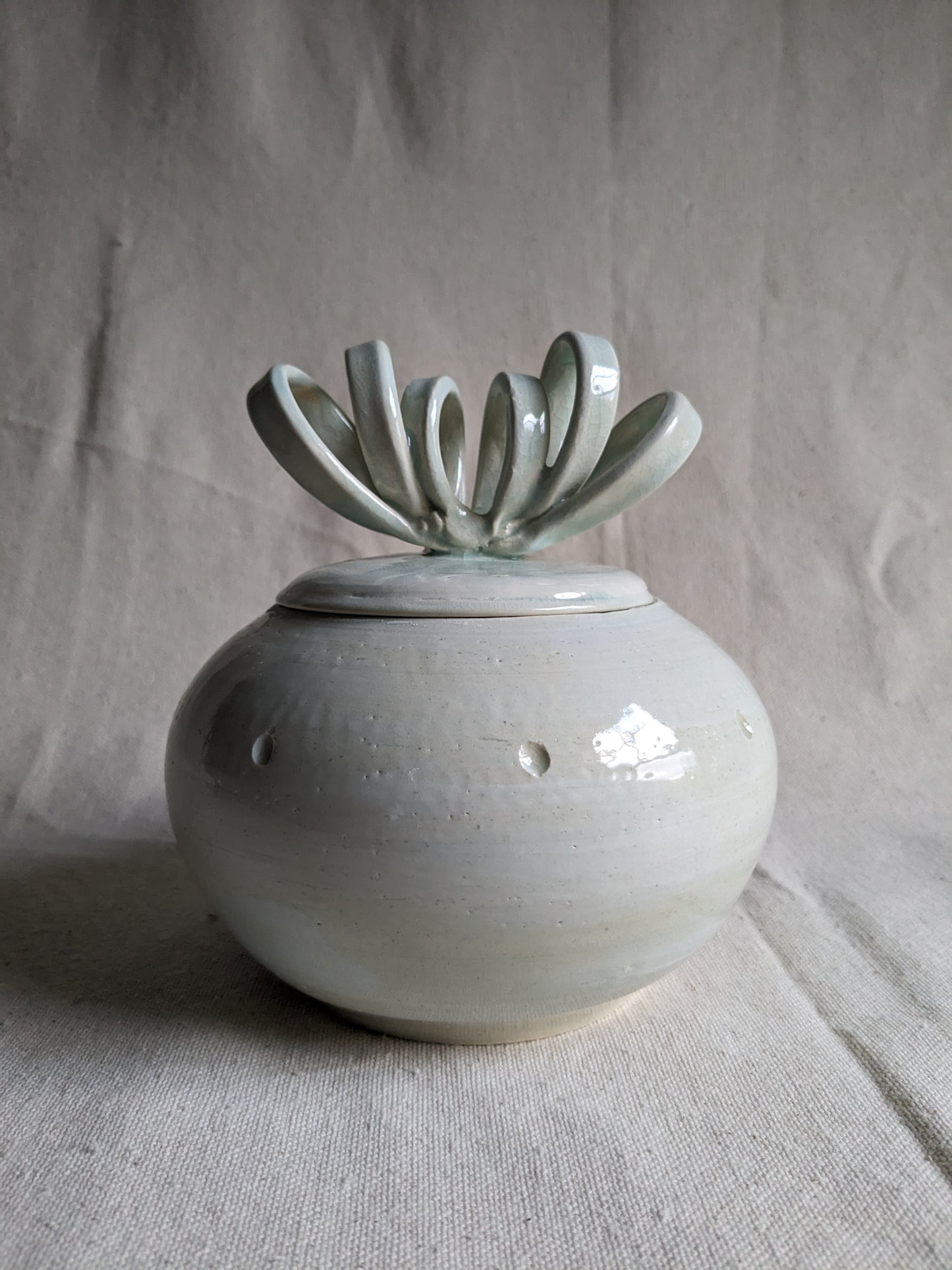 Aqua Celadon 6" Sculptural Ribbon-Lidded Jar (in-person pickup only)