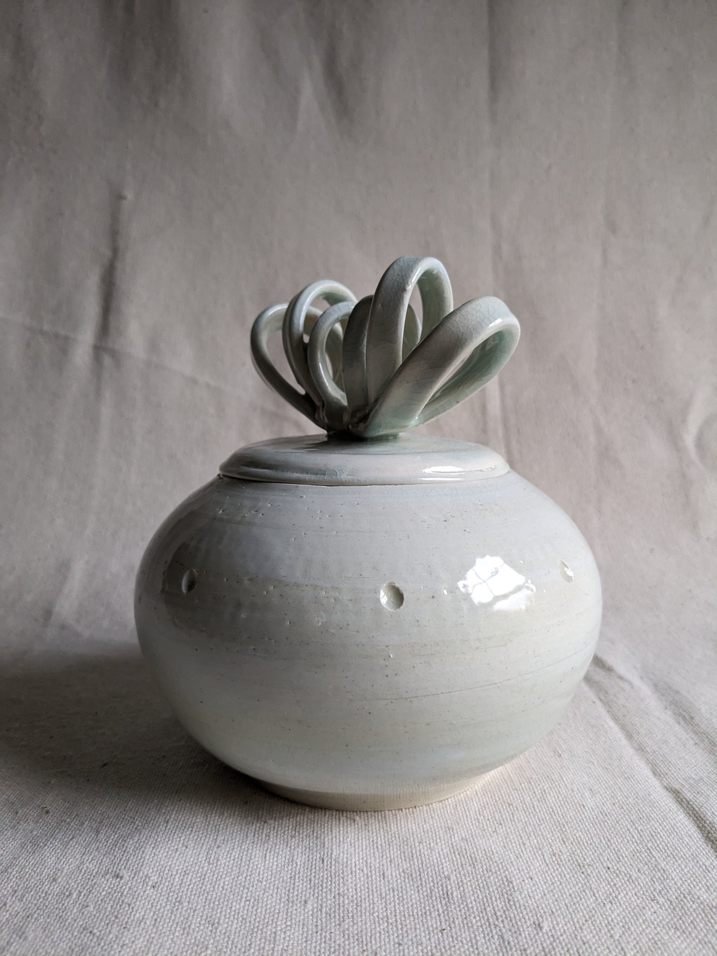 Aqua Celadon 6" Sculptural Ribbon-Lidded Jar (in-person pickup only)