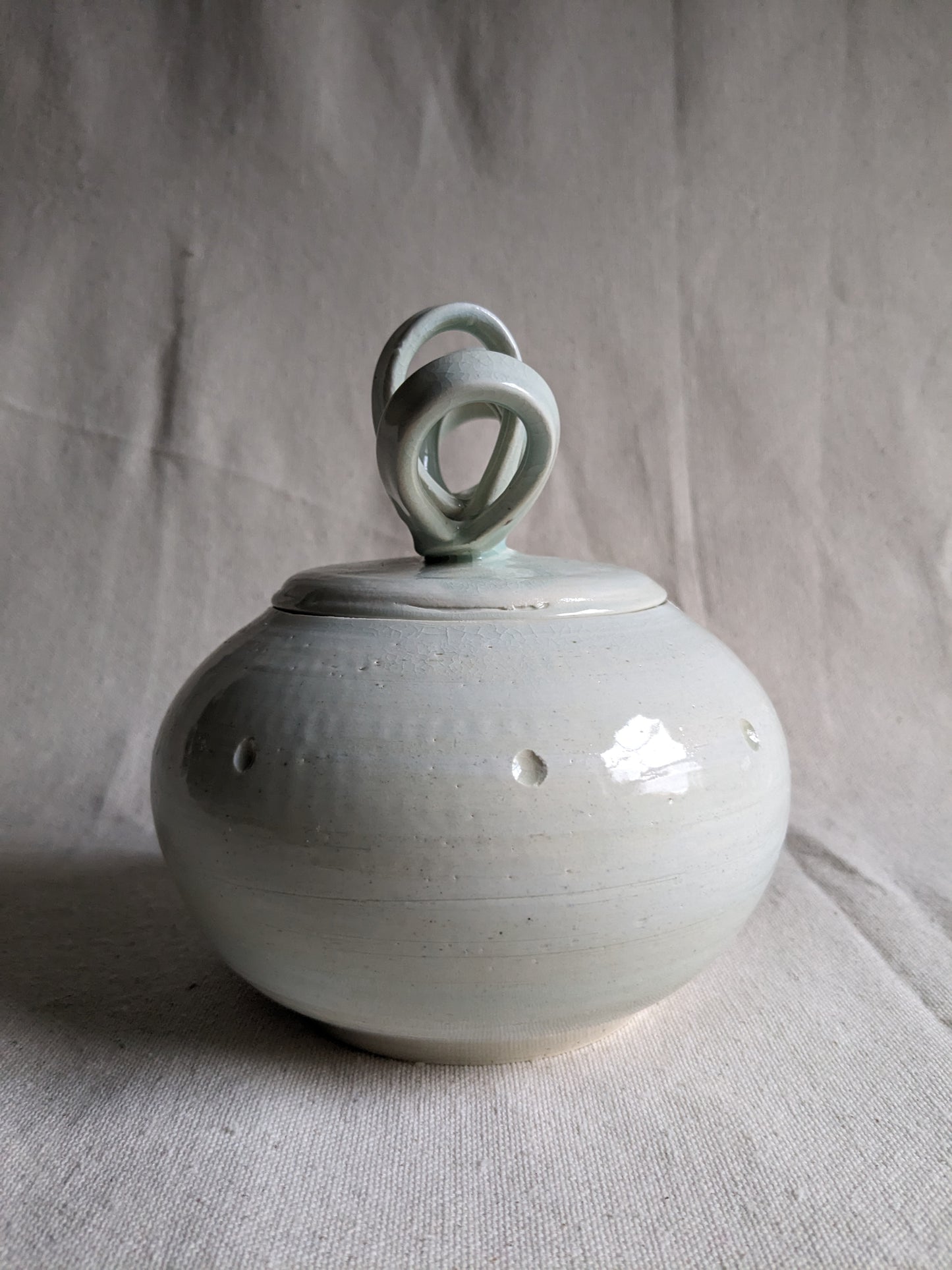 Aqua Celadon 6" Sculptural Ribbon-Lidded Jar (in-person pickup only)