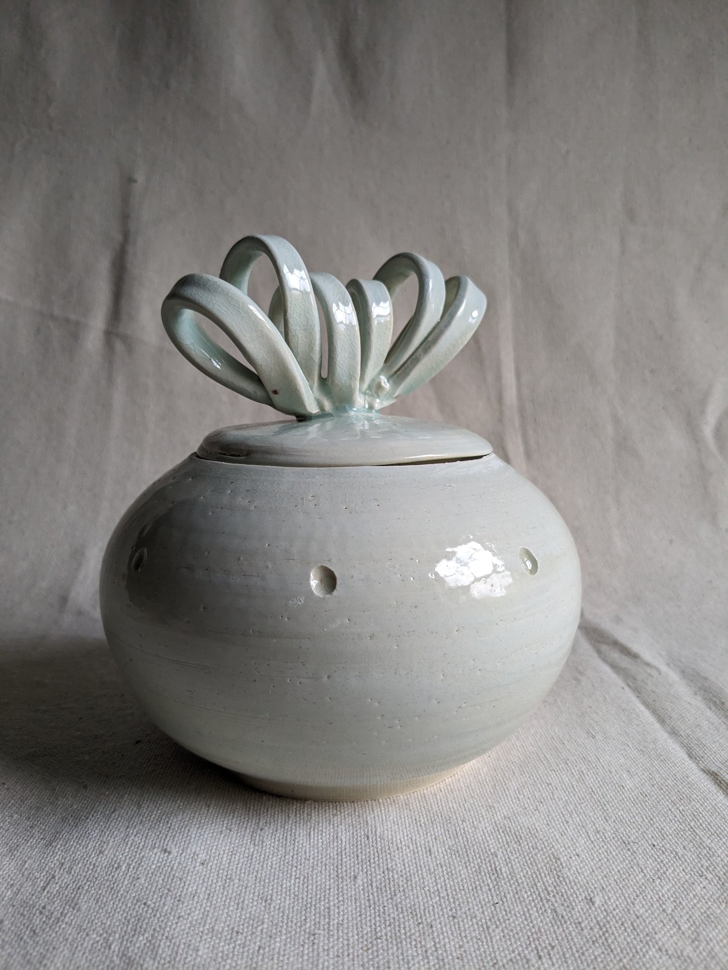 Aqua Celadon 6" Sculptural Ribbon-Lidded Jar (in-person pickup only)