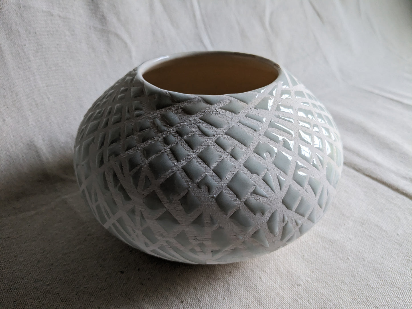 Caffeinated Spider 5" Tall, 7" Diameter Aqua Celadon Vase (in-person pickup only)