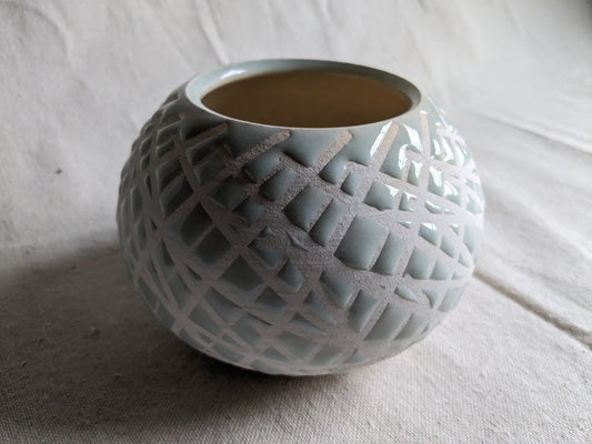 Caffeinated Spider 4.5" Tall Aqua Celadon Vase (in-person pickup only)