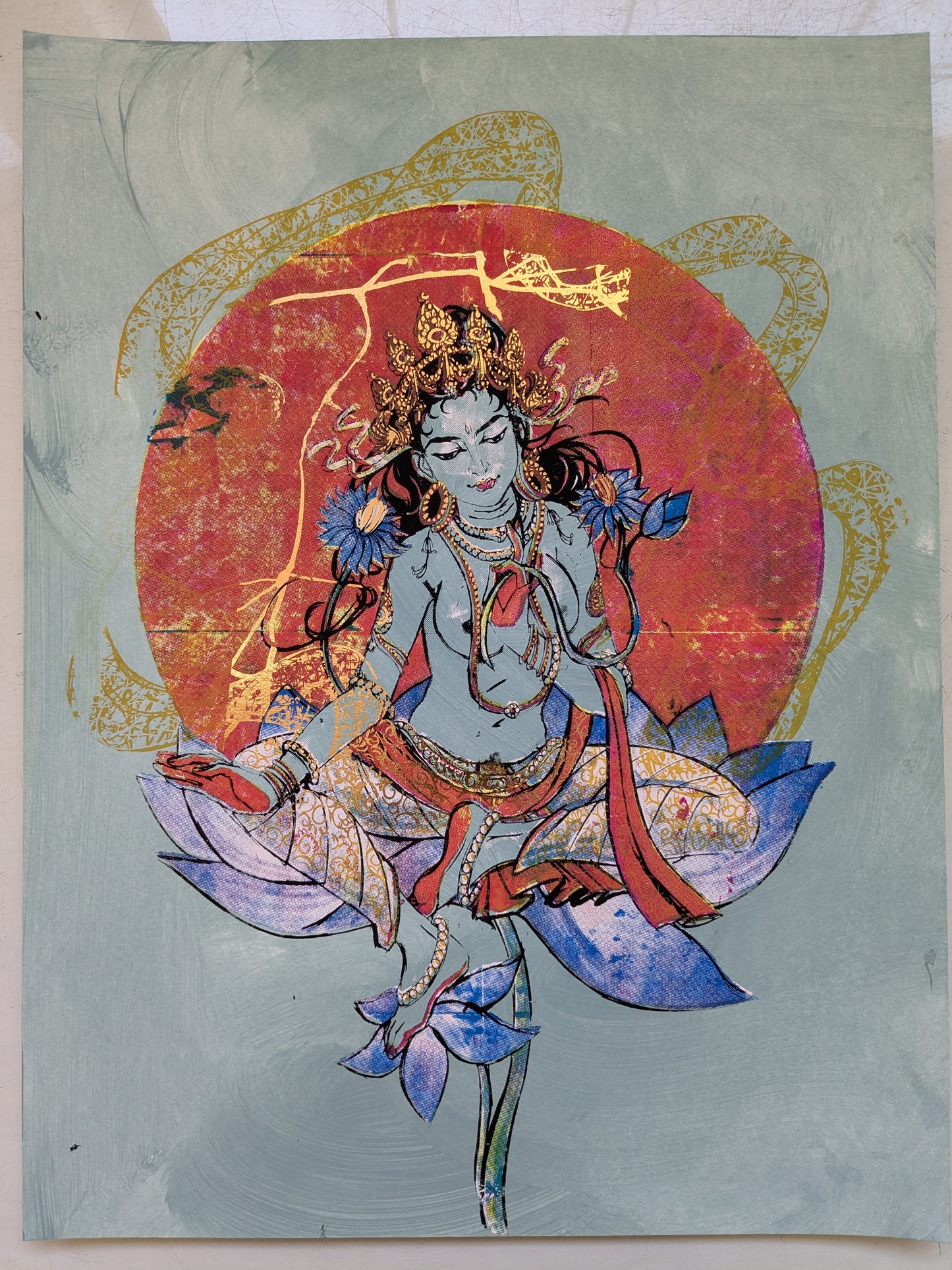 Goddess of Compassion (Rainbow Kintsugi Tara) Painting (Sky Blue) (in-person pickup only)